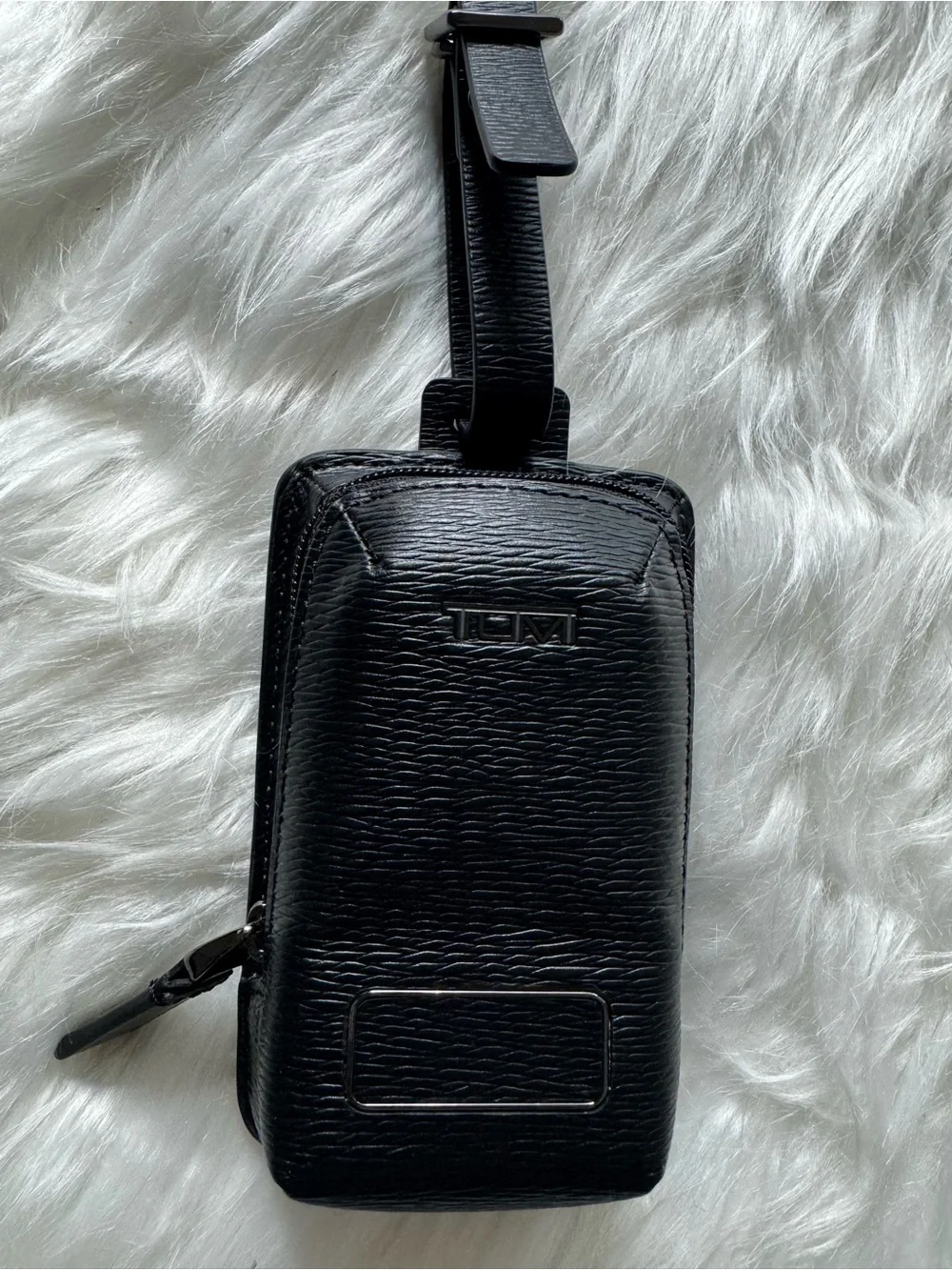 Tumi Black Textured Leather Travel ID Tag with Zipper Pocket